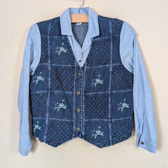 VTG Alfred Dunner Layer Denim Vest/Shirt Button Down sz PM Floral Embroidery - Picture 1 of 8